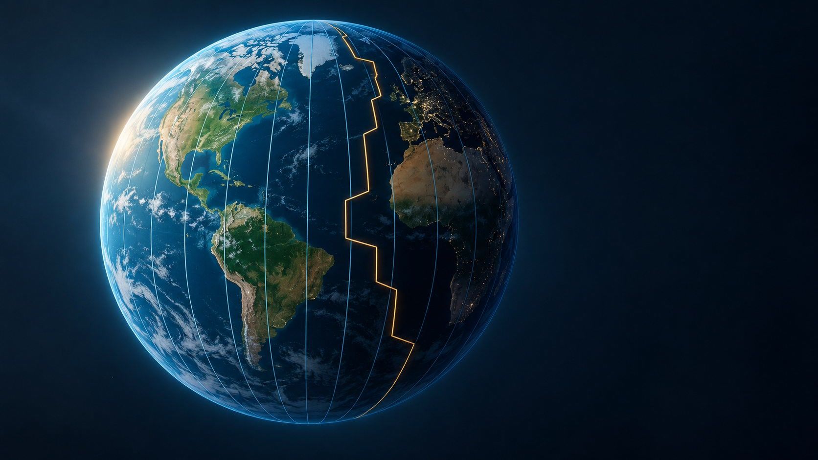 Illustrated globe with straight meridians and a contrasting, schematic time zone boundary that bends away from them