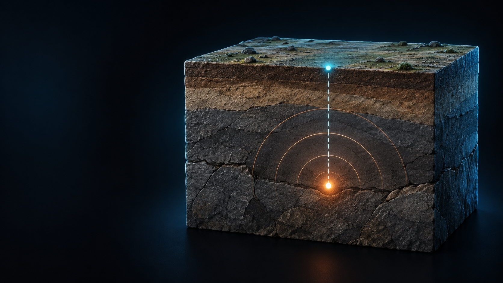 Schematic geological cross-section showing an earthquake focus in the rock, a surface point directly above it, and wave arcs around the focus.