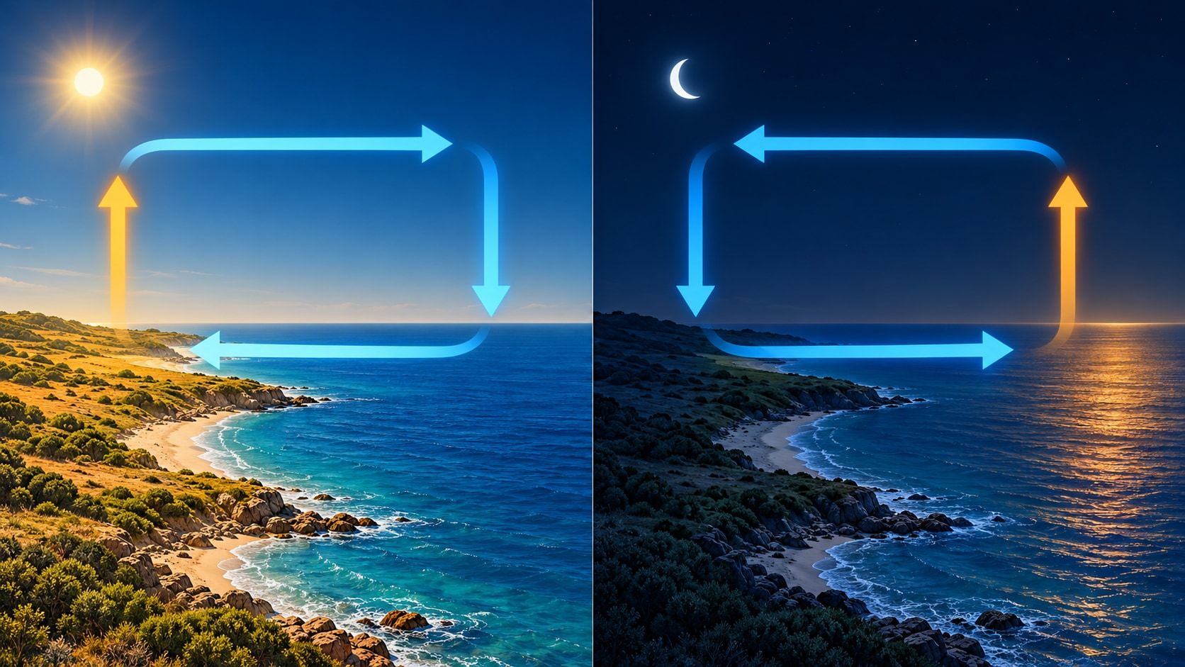 Costa esquemática de día a la izquierda y de noche a la derecha: el aire superficial va del mar a tierra de día y en sentido inverso de noche, con retorno en altura
