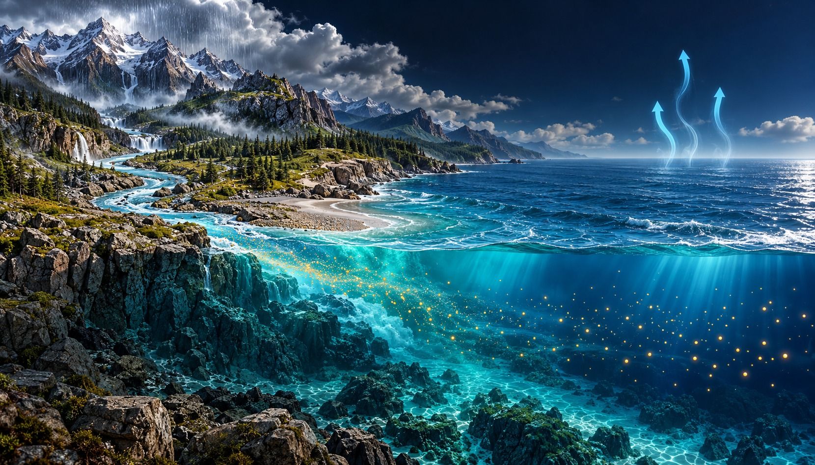Redaktionelle Illustration: Regen über Bergen, ein Fluss trägt symbolische goldene Mineralpunkte ins Meer; blaue Pfeile zeigen die Verdunstung über dem Wasser