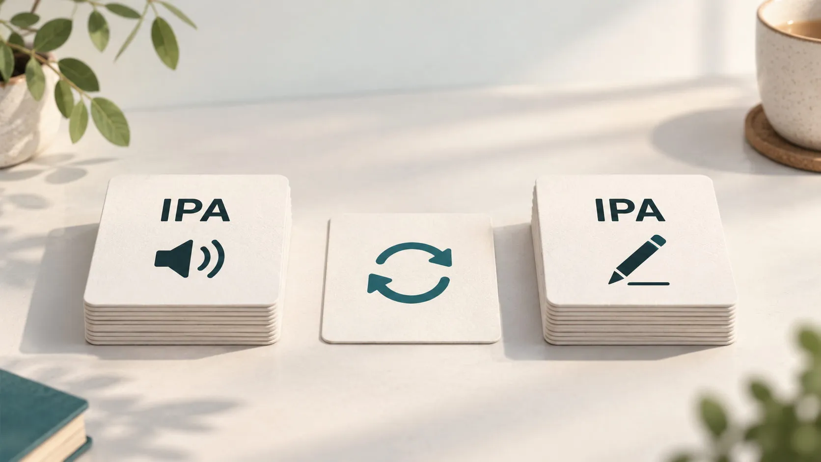 Zwei illustrative Kartenstapel mit IPA-, Audio- und Stiftsymbolen neben einer Karte mit Wiederholungspfeilen