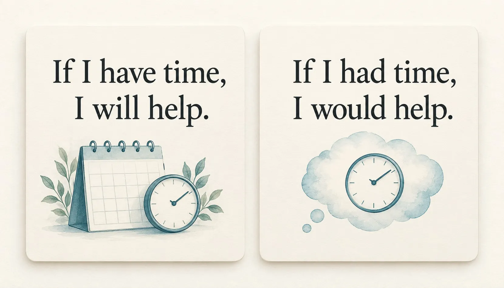 Dos tarjetas ilustradas con las frases en inglés If I have time, I will help e If I had time, I would help, un calendario y un reloj en una nube de pensamiento.