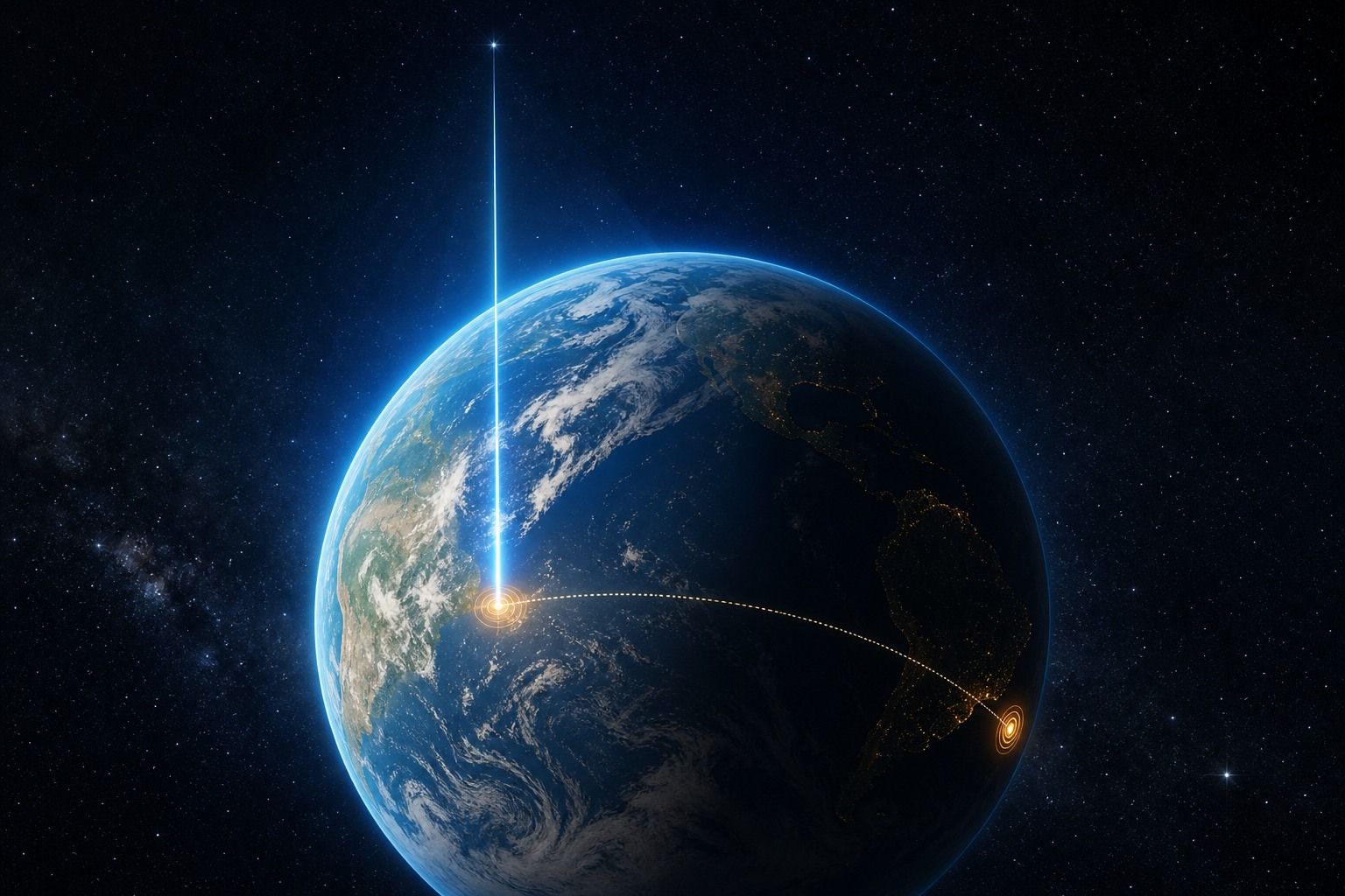A glowing 3D globe with a GPS marker, zenith beam and opposite antipode point under a starry sky
