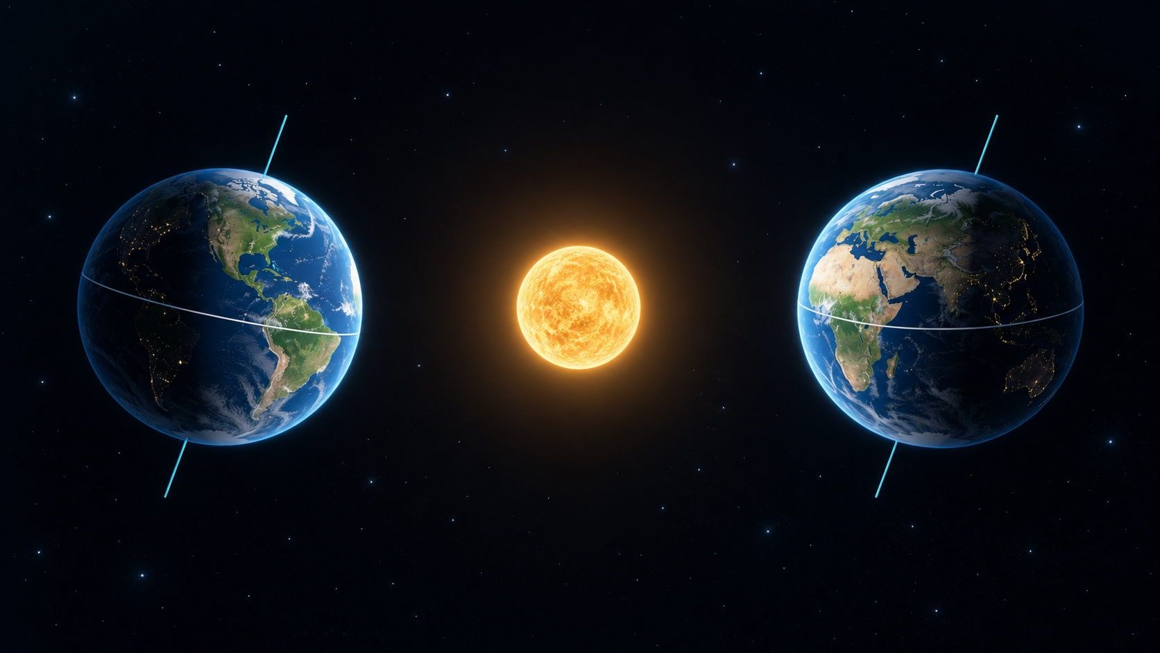 Illustration schématique de deux globes terrestres de part et d'autre du Soleil, avec des axes inclinés parallèles et leurs faces tournées vers le Soleil éclairées