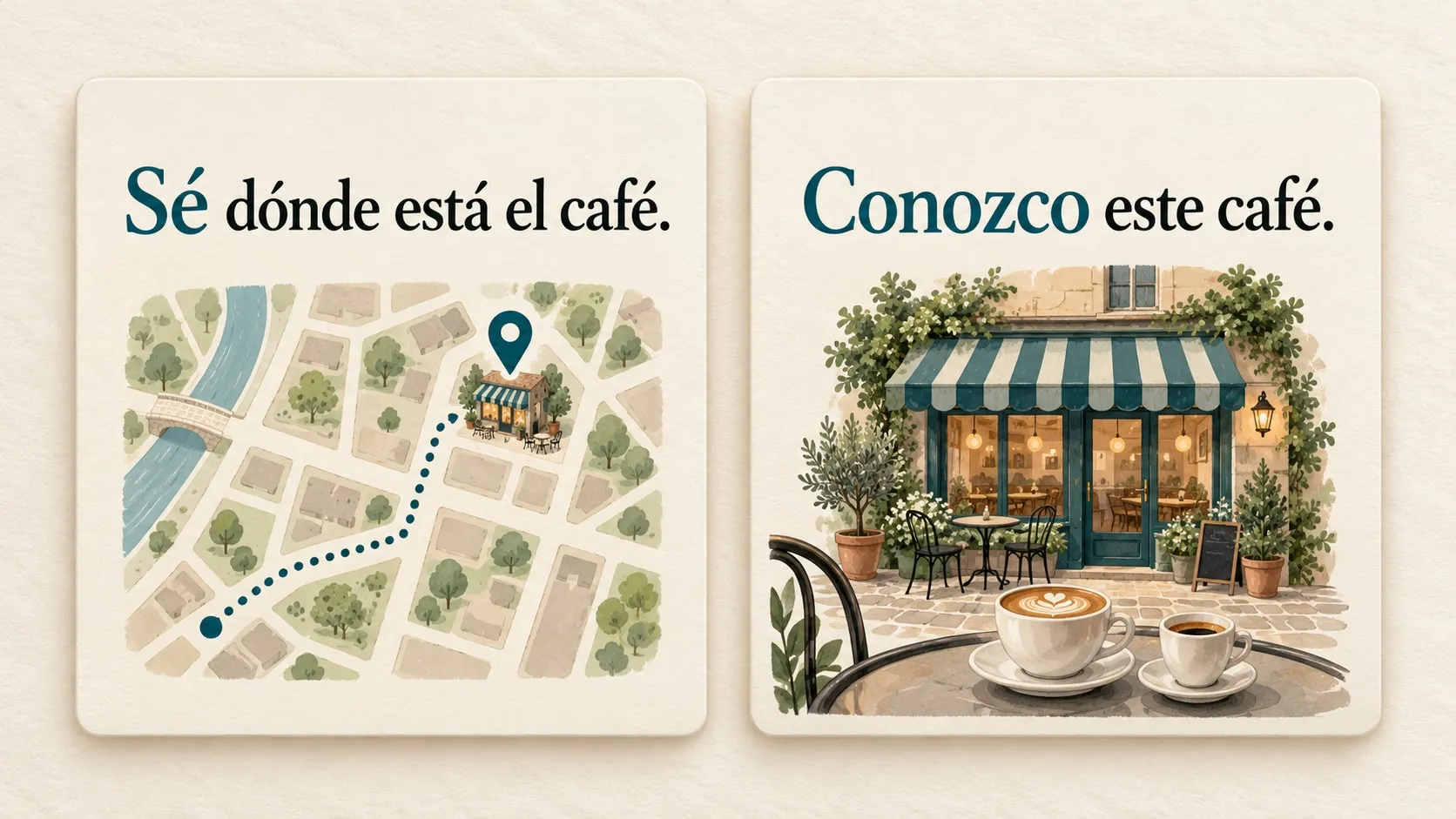 Two illustrative study cards reading Sé dónde está el café and Conozco este café, with a location map on the left and a café with two coffee cups on the right