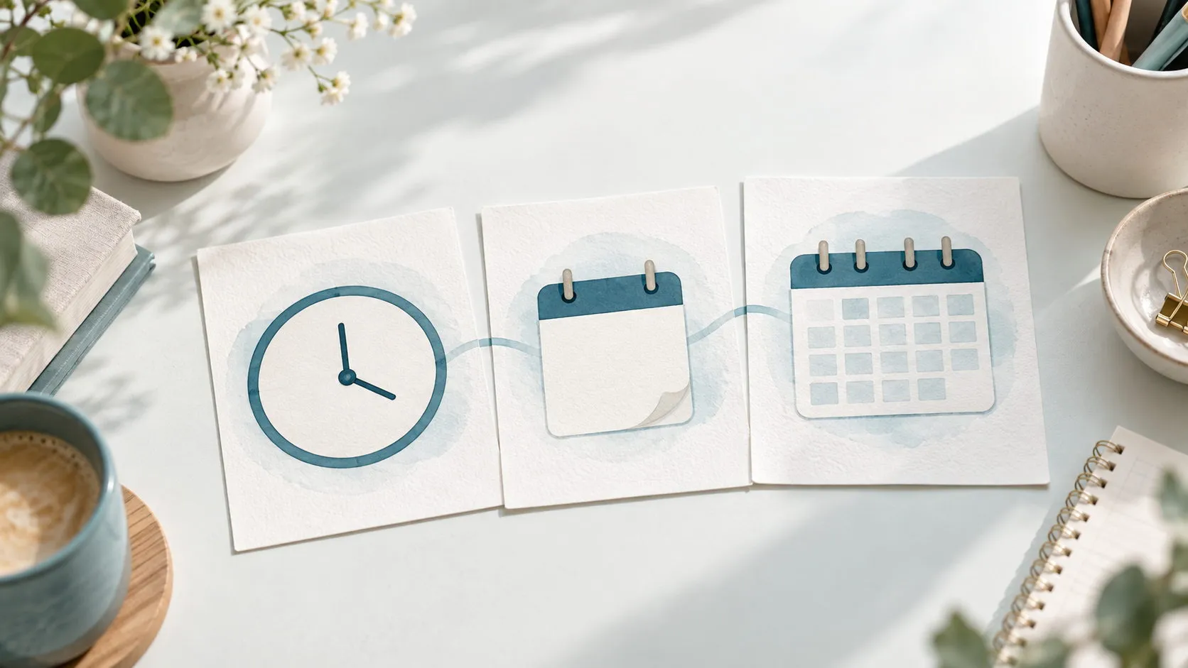 Trois cartes illustrées présentent une horloge, une page de calendrier vierge et une grille mensuelle pour distinguer les repères de temps