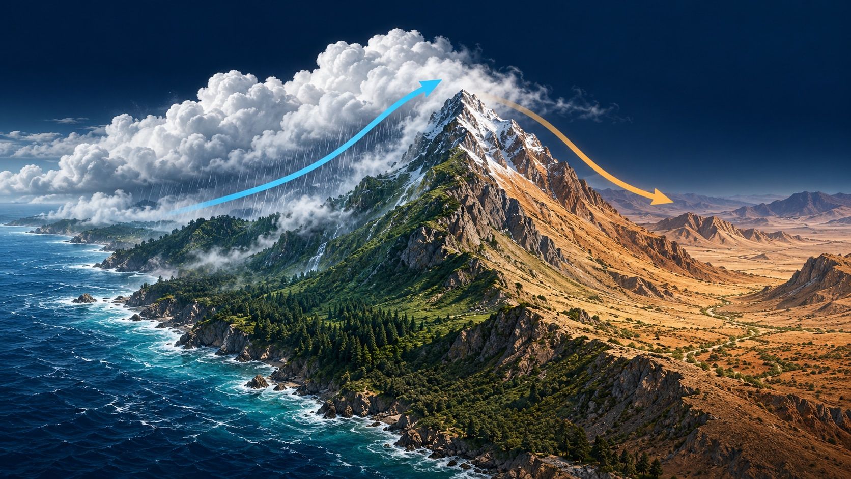 Ilustración esquemática de una montaña con lluvia y ladera costera verde a la izquierda, valle seco a la derecha y flechas de aire azul ascendente y naranja descendente