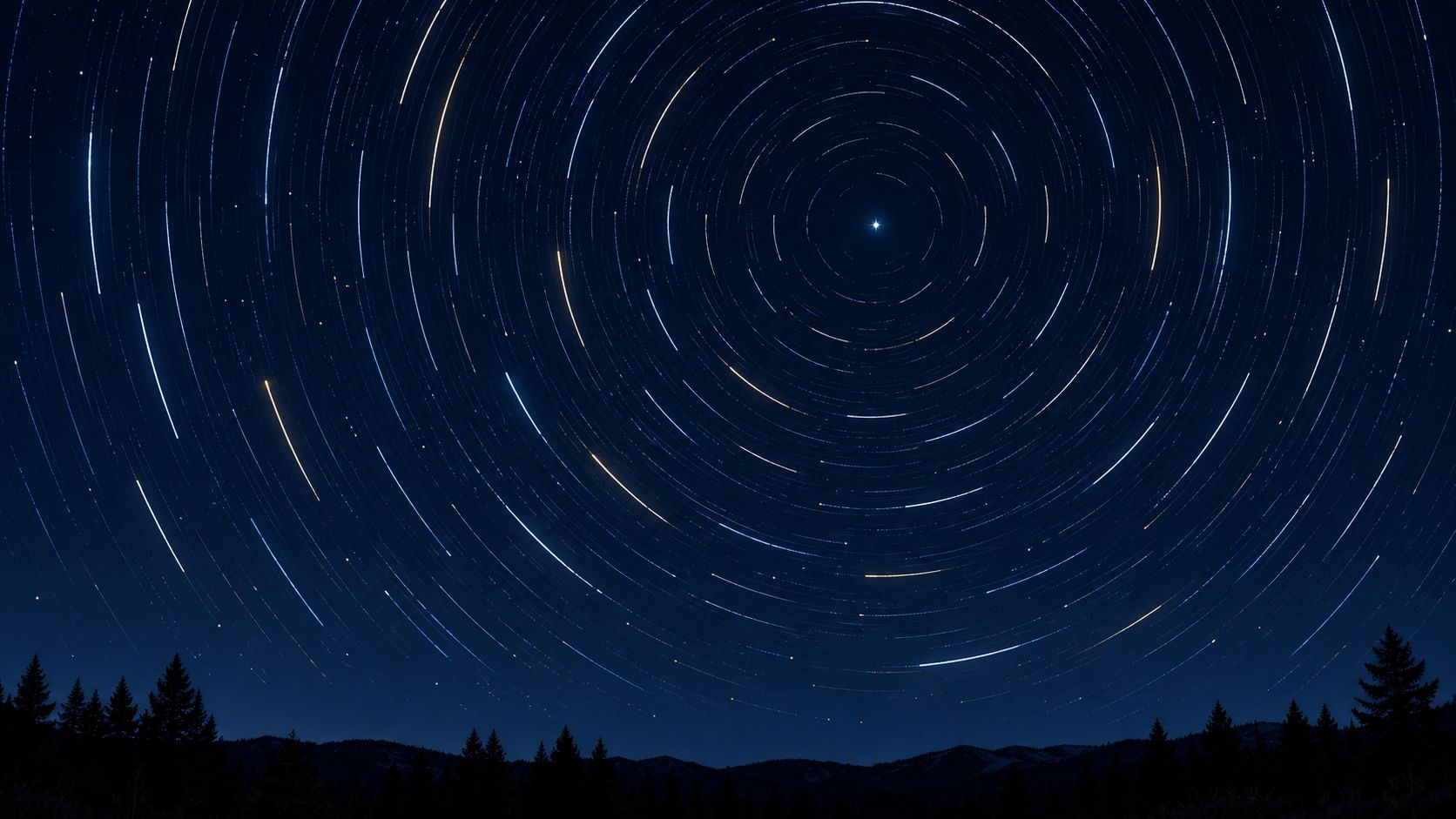 Illustrazione editoriale di archi concentrici di tracce stellari bianche e ciano attorno a un piccolo punto luminoso vicino al loro centro, sopra un orizzonte boschivo scuro