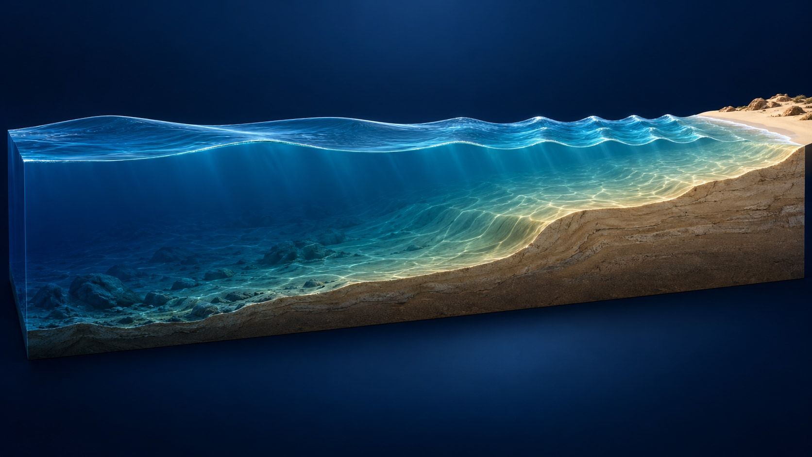 Schematischer Ozeanquerschnitt mit weitem Wellenabstand im tiefen Wasser links und engeren Wellen über dem zur Küste ansteigenden Meeresboden rechts.